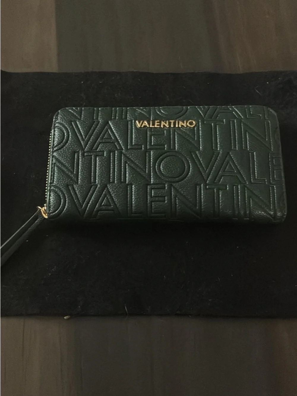 Mario Valentino Dark Green Embossed Zip-Around Wallet with Gold Logo